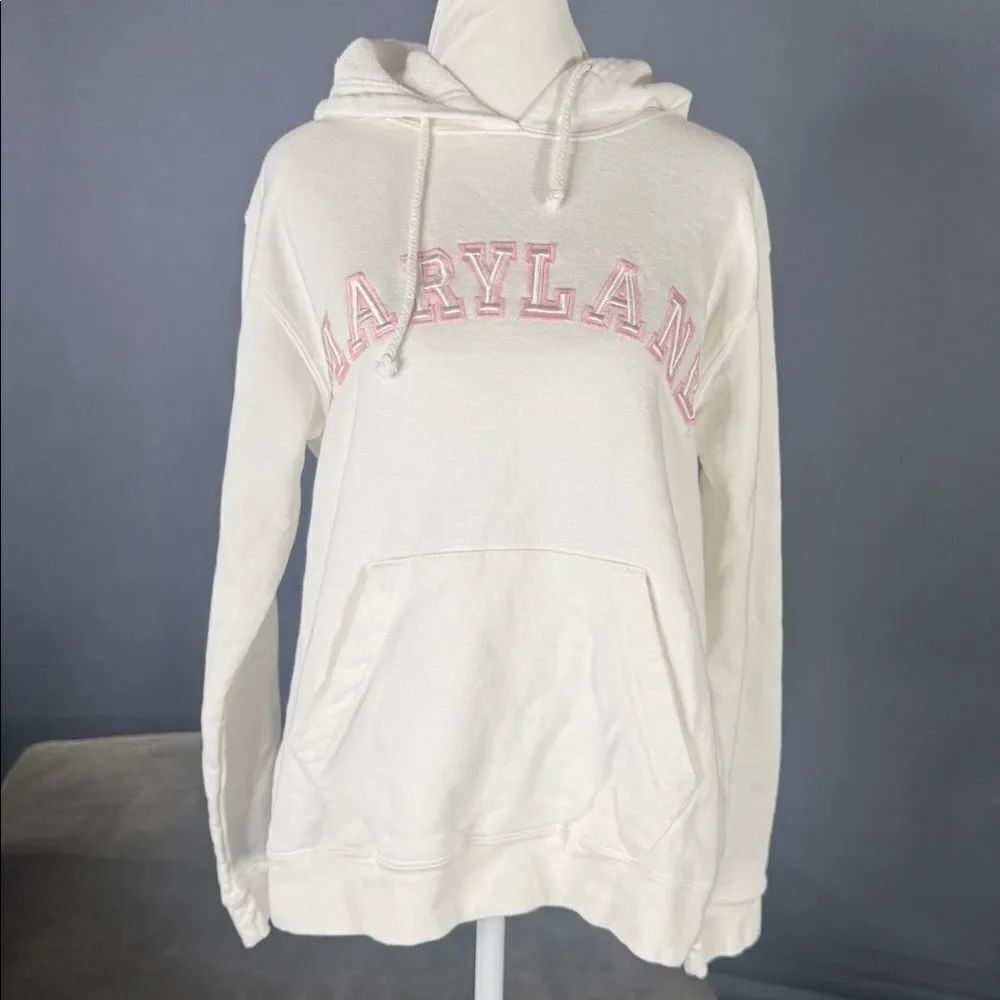 Women’s White Embroidered MARYLAND College Drawstring Hoodie Size L NEW